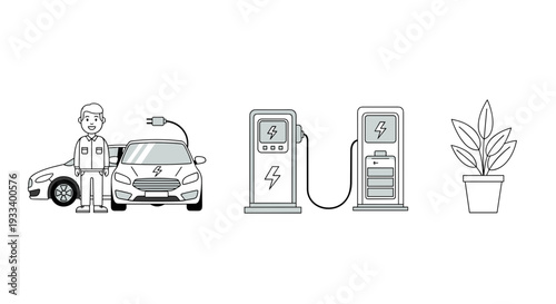 A man stands beside his electric car, connected to a charging station, with another station and a potted plant nearby, in a monochrome setting.