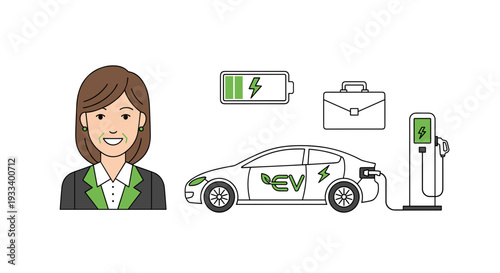 A business woman stands next to an electric car being charged at a charging station with a battery icon and a briefcase nearby.