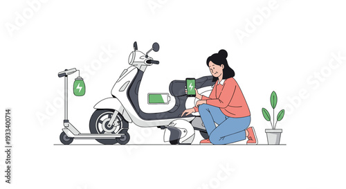 A woman charges an electric scooter and a smaller electric scooter sits nearby, suggesting shared mobility and convenient urban transport.