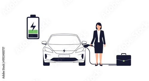 A business woman in a suit plugs in an electric car at a charging station, with a briefcase and a large battery icon indicating power, signifying professional EV use.