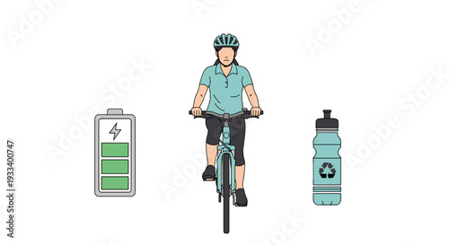 A woman cycles on a bicycle with a helmet and a reusable water bottle, accompanied by a large battery icon, representing sustainable and powered mobility.