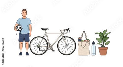 A man holding a helmet stands beside a bicycle, a reusable tote bag, a water bottle, and a potted plant, emphasizing a sustainable lifestyle.