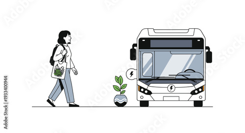 A woman carrying an eco-friendly tote bag walks towards a modern electric bus, emphasizing urban sustainable commuting and green initiatives.