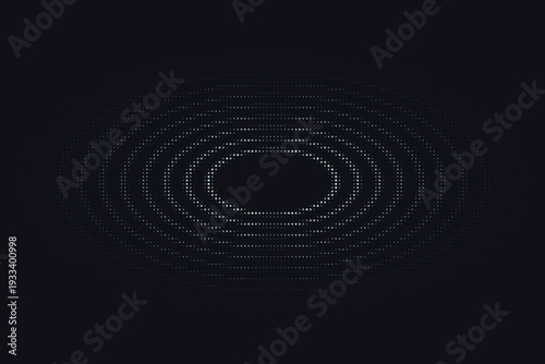 Bright cyan blue dots form an expanding oval pattern on a deep blue background with a strong digital feel