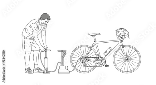 A man manually pumps air into his bicycle tire using a floor pump, illustrating essential bike maintenance and preparedness.