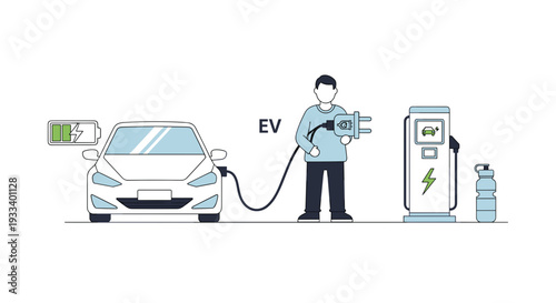 A man charges a white electric vehicle at a public station, emphasizing the simplicity and accessibility of modern EV infrastructure.