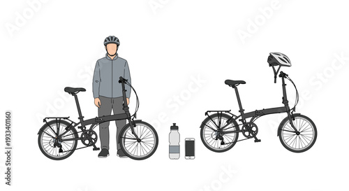 A person stands beside an unfolded folding bicycle, with a folded version and essential accessories nearby, illustrating urban mobility solutions.