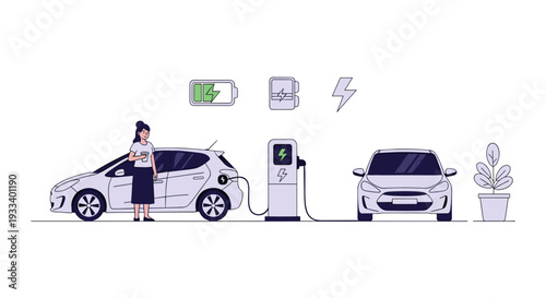 A woman stands beside her white electric car, plugging it into a charging station to power up the vehicle, illustrating sustainable transportation.