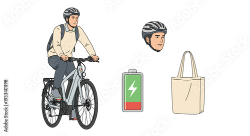 A person actively rides an electric bicycle, equipped with a helmet, while accompanying elements symbolize sustainable travel and daily essentials.