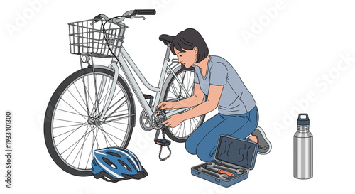 A woman crouches to fix her bicycle chain, surrounded by a toolbox, helmet, and a reusable water bottle, promoting active lifestyle.