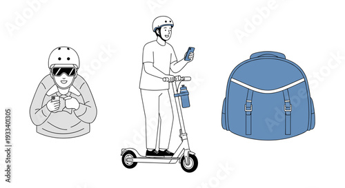 A man on an electric scooter checks his phone, while another man in a helmet and a large backpack are also depicted in this line art.