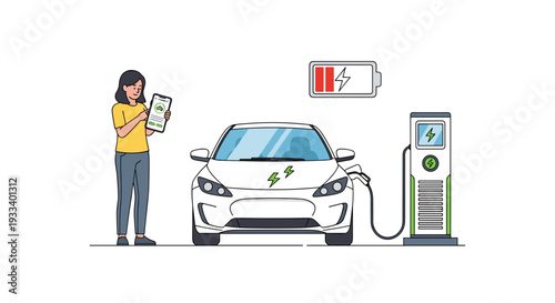 A woman holds a tablet, monitoring her electric car as it charges at a station, with a visible low battery warning icon.