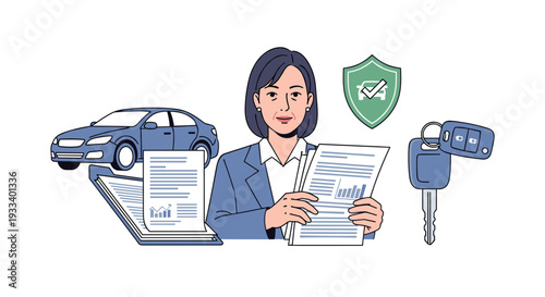 A professional woman confidently holds important car documents, surrounded by a blue sedan, a car key, and a protective shield icon.