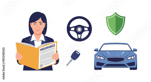 A businesswoman reviewing an insurance document, alongside symbols of car ownership including a steering wheel, a protective shield, a car key, and a blue car.