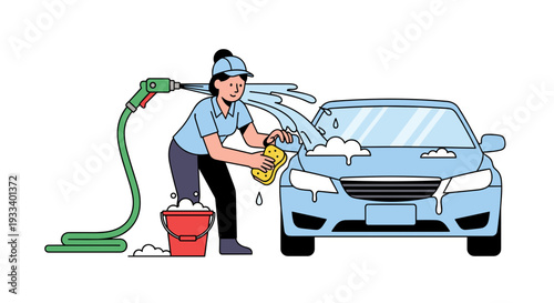 A person meticulously washing a blue car using a hose and sponge, generating suds in a bucket, symbolizing thorough vehicle care and maintenance.