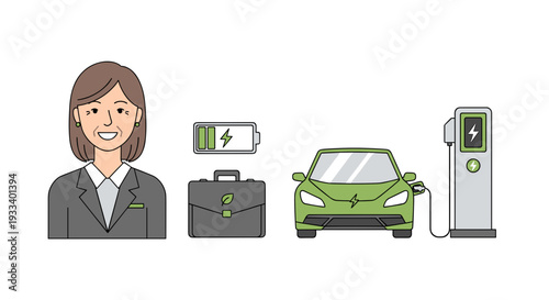 A professional businesswoman next to a green electric car charging at a station, with icons of a battery and a briefcase, symbolizing business and sustainability.
