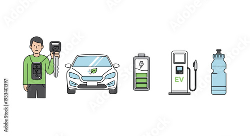 A man holding a car key next to a white electric vehicle, an EV charging station, a battery, and a water bottle, showcasing modern green transportation.