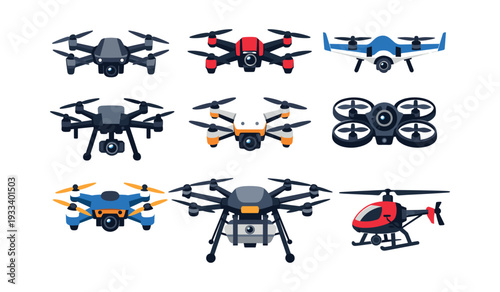 Collection of modern drones and quadcopters, illustrating different designs of UAVs for remote control, surveillance, and photography