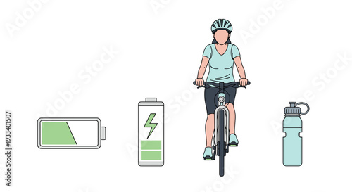 A woman confidently rides her electric bicycle, prepared for a journey with a full battery and hydration for an active lifestyle.