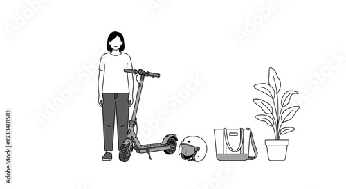 A woman stands beside her electric scooter, surrounded by personal items for daily use or a relaxing urban outing.