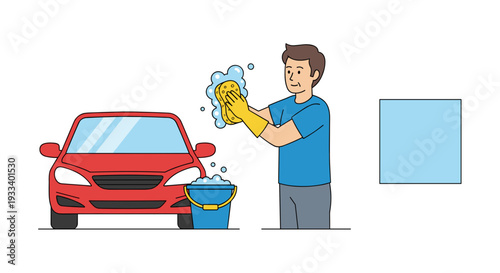 A man enthusiastically washes a red car with a soapy sponge and bucket, ensuring its immaculate cleanliness and appearance.