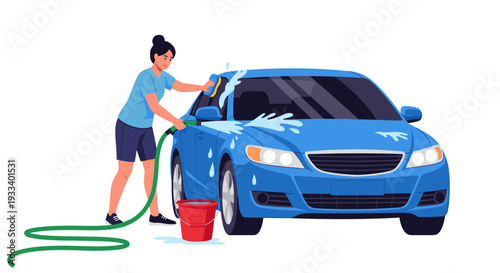 A diligent woman carefully washes a blue car with soap and water, maintaining its cleanliness and shine during a bright day.