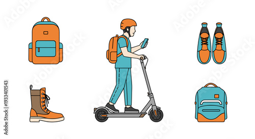 A modern man rides an electric scooter while checking his phone, surrounded by various travel and personal accessories.