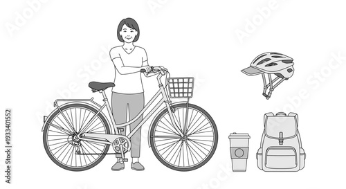 A confident woman stands next to her bicycle, prepared for a daily commute or leisurely ride with essential cycling accessories.