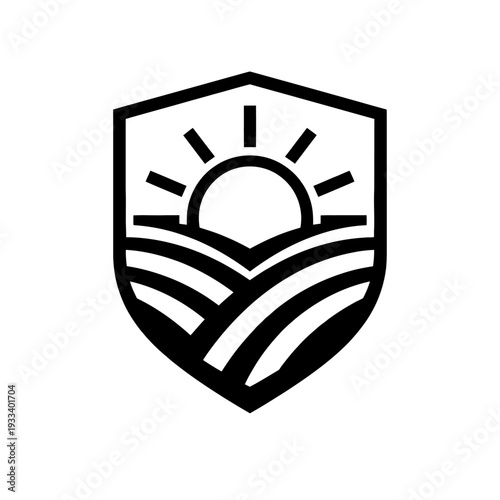 Sleek monochrome shield logo with stylized sun over contoured fields, symbolizing sustainable farming, natural growth, bountiful harvests, food security, environmental stewardship, ensuring prosperous