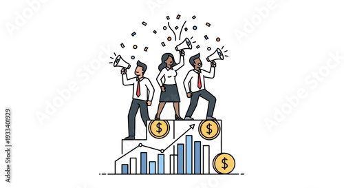 Three business professionals celebrating success on a rising financial graph with coins and confetti