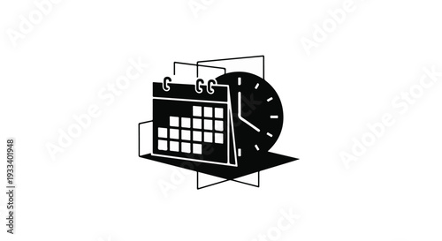 Minimalist black and white illustration of calendar and clock on floating squares for time management and organization concept