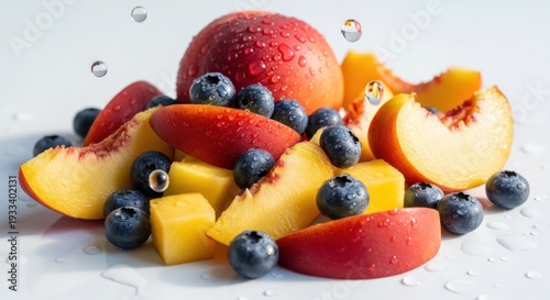Fresh sliced peaches and blueberries on white background