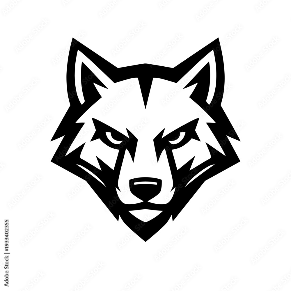 Fototapeta premium Powerful and aggressive black and white stylized wolf head logo, perfect for sports teams, gaming mascots, or any brand seeking a fierce, strong, and intimidating animal emblem. Modern vector graphic