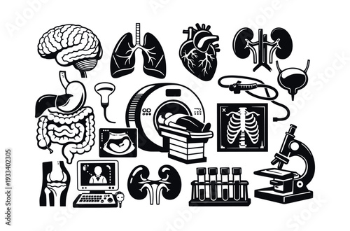 Various icons representing human organs like brain, heart, lungs, and diagnostic equipment such as MRI, ultrasound, and microscope