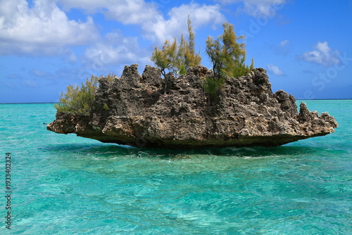 A unique rock formation with sparse trees rising from the stunning turquoise waters of a tropical lagoon, Mauritius