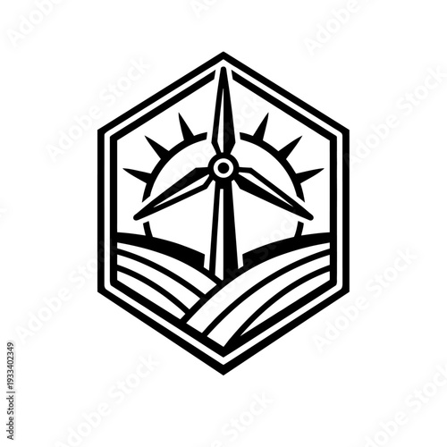 Hexagonal emblem with wind turbine, sun, fields. Symbolizes sustainable energy, clean power, green agriculture. Ideal for renewable resource companies, eco-conscious brands dedicated to environmental