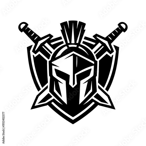 Striking black and white vector logo featuring a fierce Spartan helmet with an iconic crest, flanked by two sharp, crossed swords and a protective shield. Represents strength, courage, and ancient war