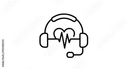 Customer service call center agent wearing headset with heart rate line, symbolizing care and support in a modern office setting