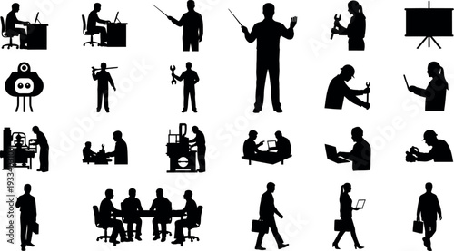 Silhouette icons of people performing various actions and activities
