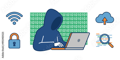 Hacker wearing a hood typing on a laptop, surrounded by binary code and cybersecurity related icons, symbolizing data breach and crime