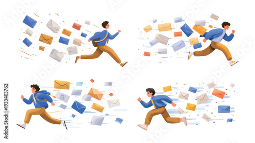 Employee run away from mails. Email spam chase, school student running mailbox spam attack paperwork documents letters envelopes overload business task homework vector illustration