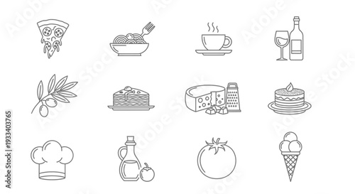 Various food and drink icons including pizza, salad, coffee, wine, cake, and ice cream illustrated in a minimalist style.