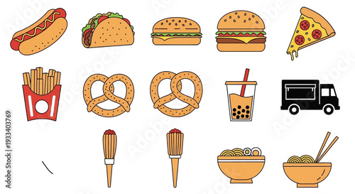 Assorted Fast Food and Snacks with Cooking Utensils and Food Truck Illustration