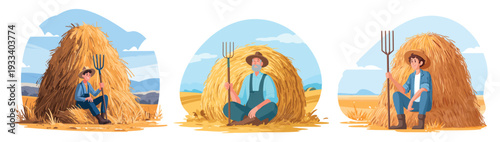 Farmer sitting hay stack. Agriculture worker rest on haystack, man in hat with pitchfork sit straw bale farm field harvest blue sky background scene cartoon set vector illustration
