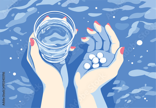Hands takes pills. Female hand hold drug pill pile and glass of water, woman patient taking medicine drink medical healthcare fight against AIDS virus or cancer vector illustration