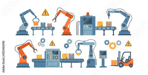 Robot arms, machinery, and a forklift handling packages on conveyor belts, illustrating automation in a modern factory production line