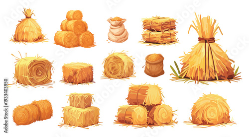 Haystack. Hay stack, straw bale roll bail stack pile farm field agriculture harvest wheat bag sack dry grass thatch hayloft cattle feed haycock cartoon set vector illustration
