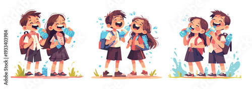 Kids drinking water. Children with school backpack drinks water plastic bottle, thirsty boy and girl holding fresh beverage healthy clean liquid cartoon child vector illustration