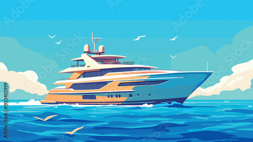 Luxury yacht open sea. Modern boat in ocean blue cloudy sky landscape, speedboat motor ship sails wave cruise nautical transport gull horizon cartoon background vector illustration