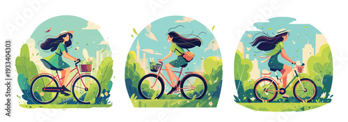 Woman ride bicycle. Happy girl cycling bike with basket flowers city green park, eco healthy lifestyle spring landscape scene lady cycle in summer hat cartoon vector illustration